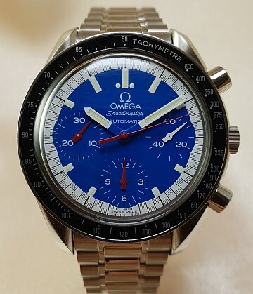 Omega Speedmaster Schumacher Automatic Watch; 39mm steel case, blue and white surround dial, chronograph, Hesalite crystal, with papers, 2006