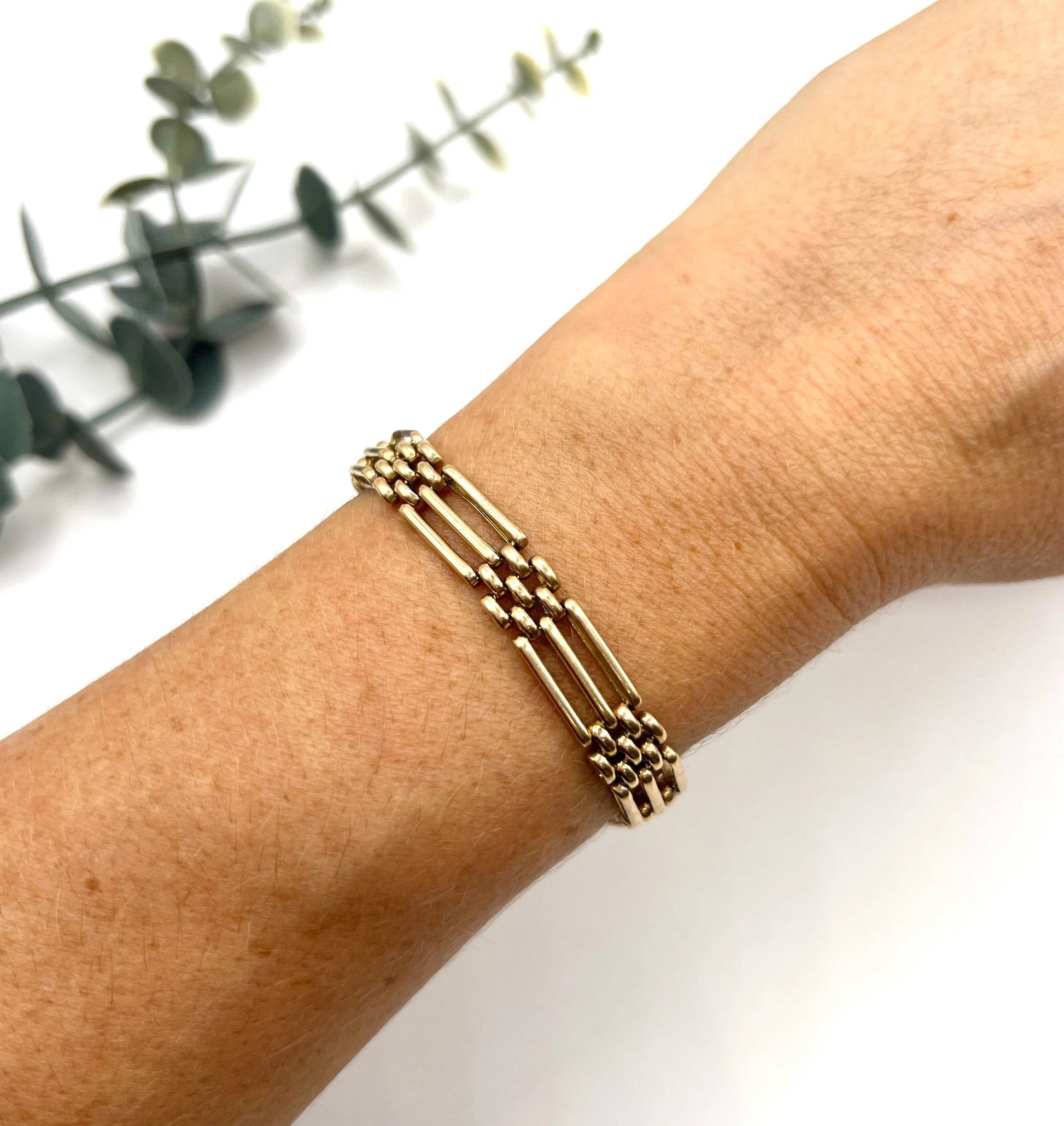 Antique 15 Carat Yellow Gold Three Row Gate Bracelet, Circa 1900