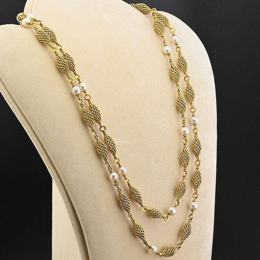 Vintage Italian Weingrill Pearl and Gold Cord Spiral Long Chain Necklace