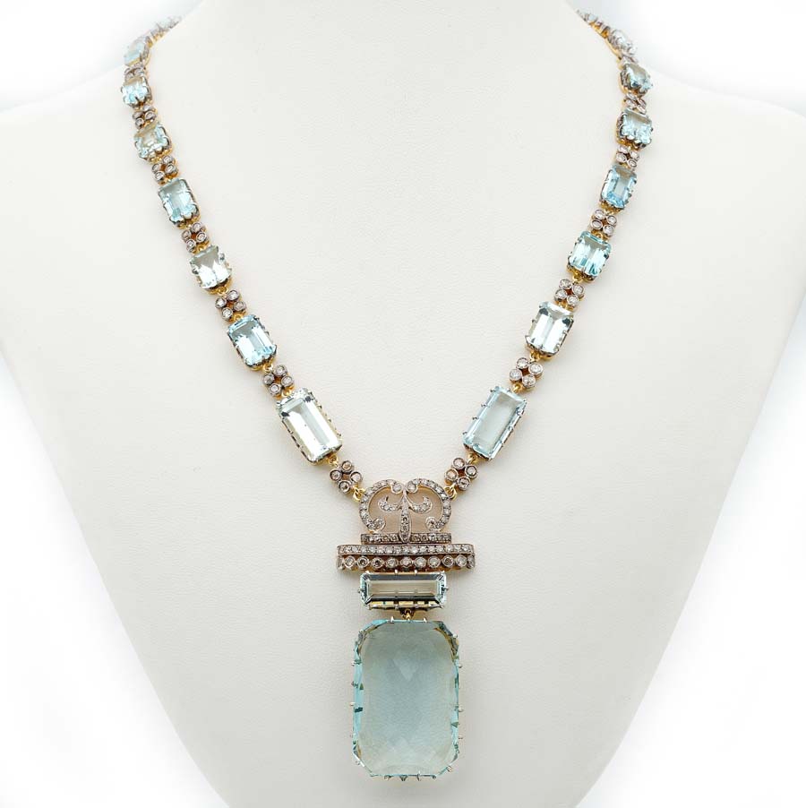 Vintage Retro 49cts Aquamarine and 4.25ct Diamond Necklace