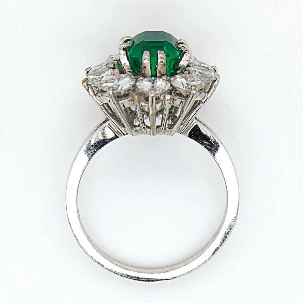 Vintage French 1.88ct Colombian Emerald and Diamond Cluster Ring with Minor Oil