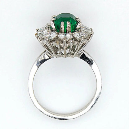 Vintage French 1.88ct Colombian Emerald and Diamond Cluster Ring with Minor Oil