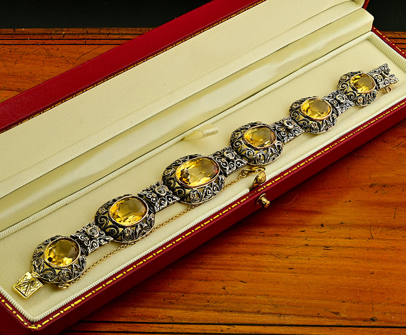 Edwardian Antique 25.45ct Natural Citrine Oval Panel Link Bracelet with Diamonds