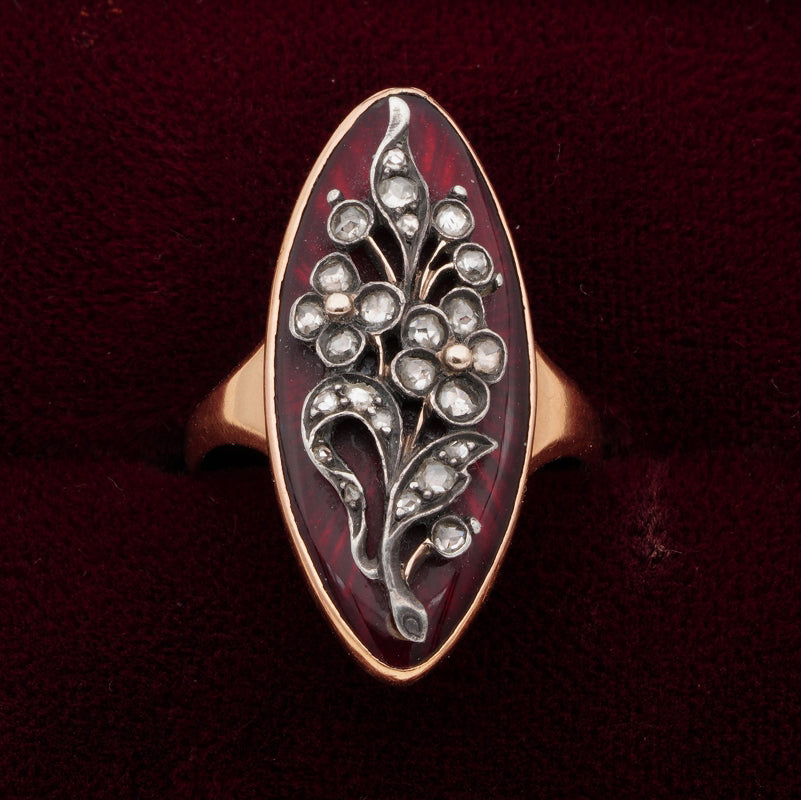 Antique French Georgian Red Enamel and Rose Cut Diamond Floral Giardinetti Navette Ring
