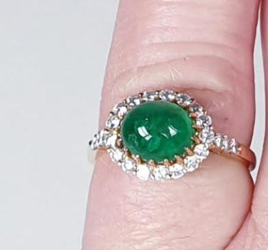 Vintage French 2ct Cabochon Emerald and Diamond Cluster Ring