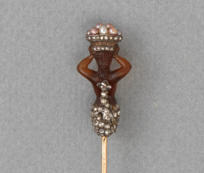Antique Victorian Carved Agate Mermaid Stickpin; with silver hair, tail, and basket edge embellished with rose-cut diamonds, holding a basket of fine pearls