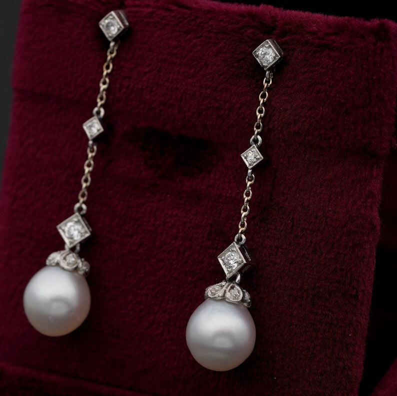 Art Deco Pearl and Diamond Drop Pendant Earrings
