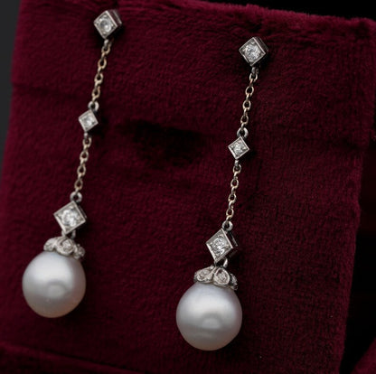 Art Deco Pearl and Diamond Drop Pendant Earrings