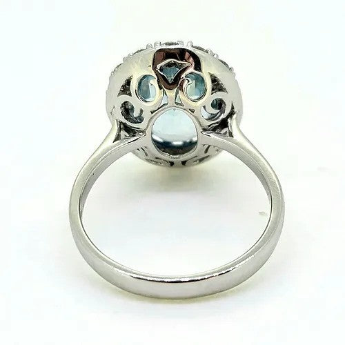 3.39ct Oval Aquamarine and Diamond Halo Cluster Engagement Ring in 18ct white gold