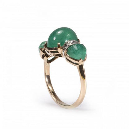 Vintage Cabochon Emerald and Diamond Three Stone Ring, Circa 1950s