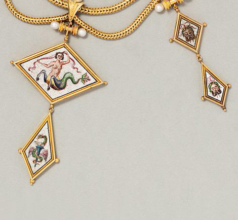 Antique Victorian Etruscan Style Gold Necklace with Kite Shaped Micromosaic Pendants