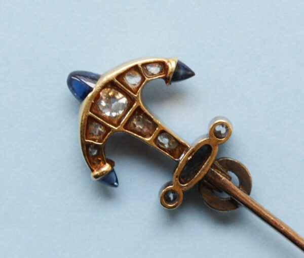 Antique Victorian 1.25ct Old Cut Diamond and Sapphire Anchor Jabot Pin Brooch; gold jabot pin with anchor at each end set with diamonds and sapphires, late 19th century