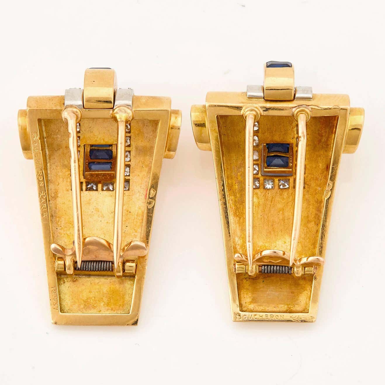 Vintage 1940s Boucheron Retro 18ct Yellow Gold, Sapphire and Diamond Double Clip Brooch with Provenance. Signed and numbered