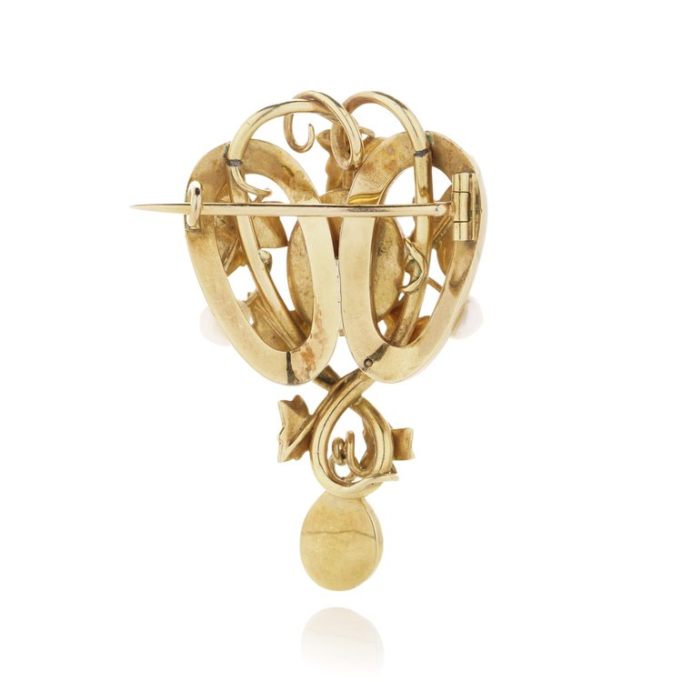 Victorian Antique 18ct Yellow Gold Brooch with Blue Enamel Leaves and Pearls