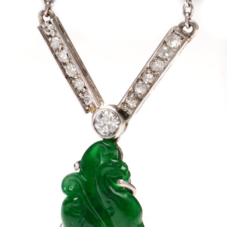 Art Deco GIA Certified A Grade Carved Jade Pendant Necklace with and Old Cut Diamonds