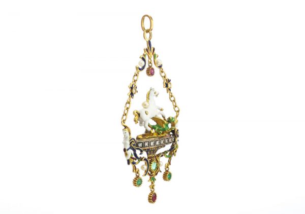 Vintage Pegasus and Dragon Pendant with Enamel and Gemstones; elaborate 18ct yellow gold Pegasus and dragon pendant necklace decorated with enamel, freshwater pearls, emeralds, ruby and diamonds. Circa 1950s