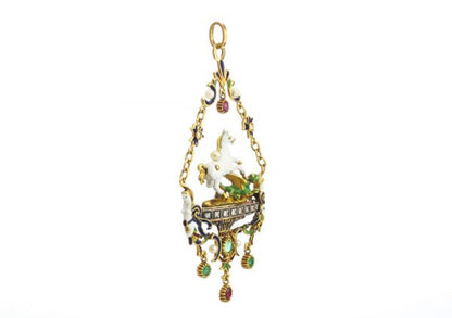 Vintage Pegasus and Dragon Pendant with Enamel and Gemstones; elaborate 18ct yellow gold Pegasus and dragon pendant necklace decorated with enamel, freshwater pearls, emeralds, ruby and diamonds. Circa 1950s