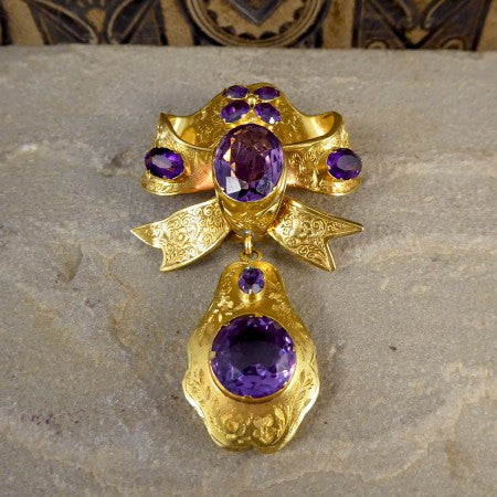Antique Victorian Amethyst and 15ct Yellow Gold Bow Brooch with Drop