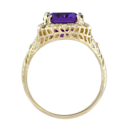 9ct Emerald Cut Amethyst and Yellow Gold Filigree Dress Ring