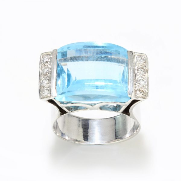 Vintage 8ct Natural Blue Topaz and Diamond Cocktail Ring in 18ct White Gold, Circa 1970s