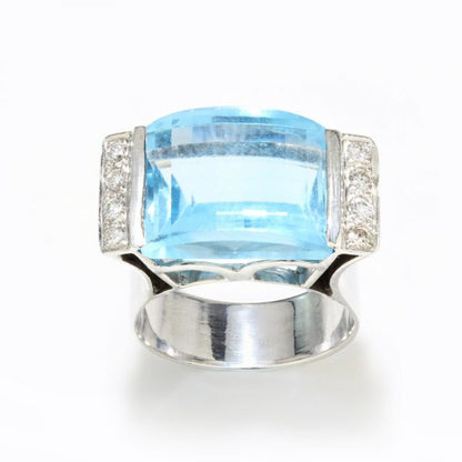 Vintage 8ct Natural Blue Topaz and Diamond Cocktail Ring in 18ct White Gold, Circa 1970s