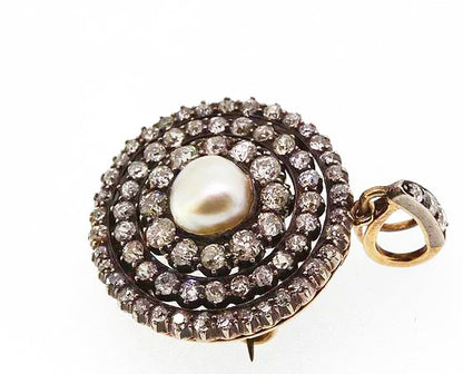 Antique Pearl and Old Cut Diamond Pendant Brooch, Silver and Gold