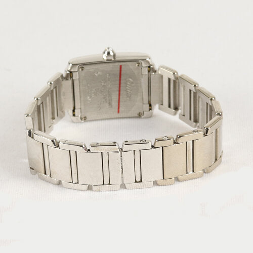 Cartier Tank Francaise 18ct Gold and Diamond 20mm Ladies Quartz Watch, Ref 2403, white dial, Roman numerals, blue steel hands, factory set diamond set crown and bezel, Cartier 18ct white gold bracelet with a hidden double deployment clasp.