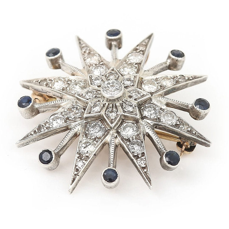 Vintage 1.8ct Diamond and Star Brooch Pendant with Sapphires