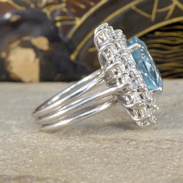Vintage 4.30ct Aquamarine and Diamond Double Cluster Ring in Platinum