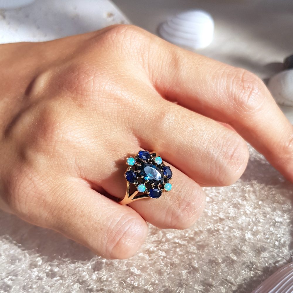 Blue Topaz, Sapphire and Opal Floral Cluster Dress Ring
