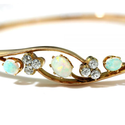 Antique Victorian Opal and Diamond Bangle Bracelet, Circa 1860