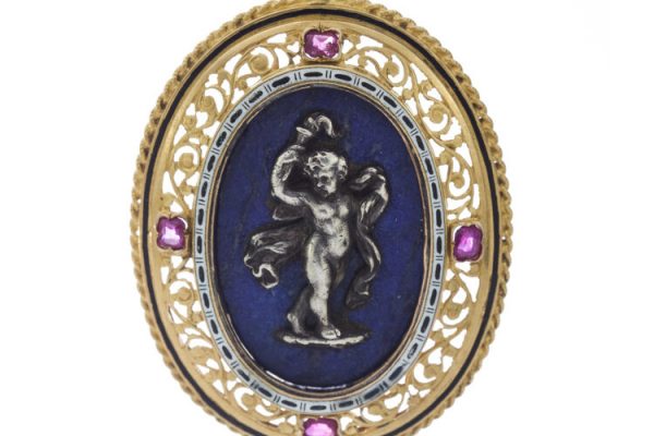 Antique Italian Silver Cherub, Lapis Lazuli and 18ct Yellow Gold Pendant