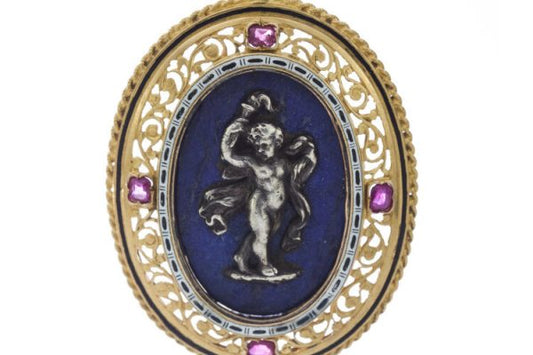 Antique Italian Silver Cherub, Lapis Lazuli and 18ct Yellow Gold Pendant