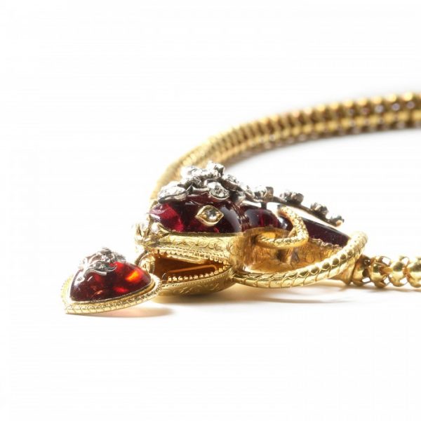 Antique Victorian Garnet Diamond and Gold Snake Necklace, Circa 1860