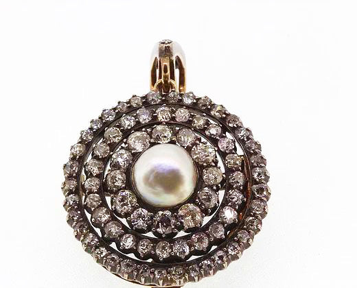Antique Pearl and Old Cut Diamond Pendant Brooch, Silver and Gold