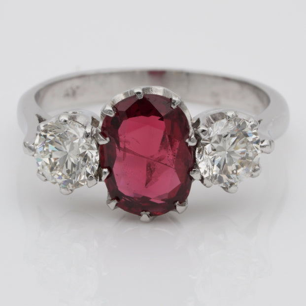 Vintage 1.90ct Natural Red Spinel and Diamond Trilogy Three Stone Engagement Ring in Platinum