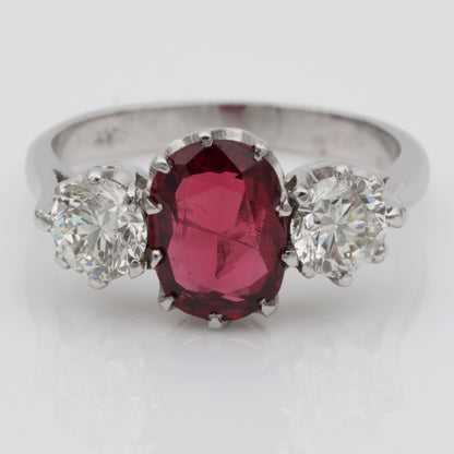 Vintage 1.90ct Natural Red Spinel and Diamond Trilogy Three Stone Engagement Ring in Platinum