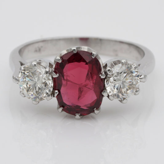 Vintage 1.90ct Natural Red Spinel and Diamond Trilogy Three Stone Engagement Ring in Platinum
