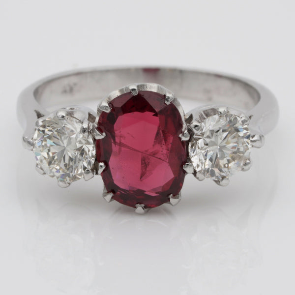 Vintage 1.90ct Natural Red Spinel and Diamond Trilogy Three Stone Engagement Ring in Platinum