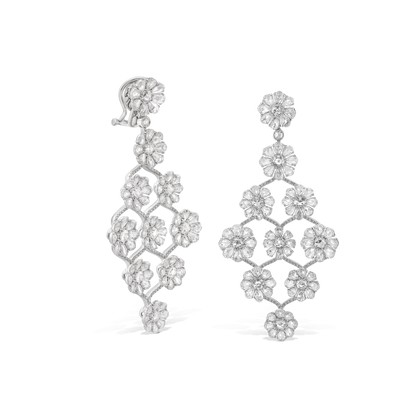 Rose Cut Diamond Floral Cluster Drop Earrings; featuring 11.52 carats of round and pear-shaped rose-cut diamonds accented with 247 round brilliant-cut diamonds, all choreographed into an orchid of cascading roses