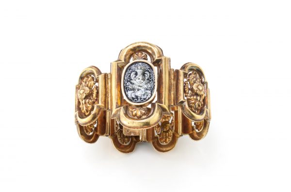 Antique Victorian 19th Century 18ct Gold Bracelet Depicting A Putto; ladies bracelet with enamel centre depicting a putto, handmade in Italy, Circa 1870s