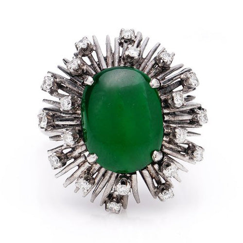 Vintage Certified 3.60ct Natural Jadeite Jade and Diamond Starburst Cluster Ring in 14ct White Gold, Circa 1950s
