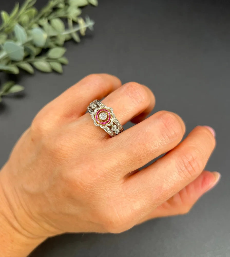 Antique 18 Carat Yellow Gold And Platinum Cocktail Ring With Diamonds And Rubies