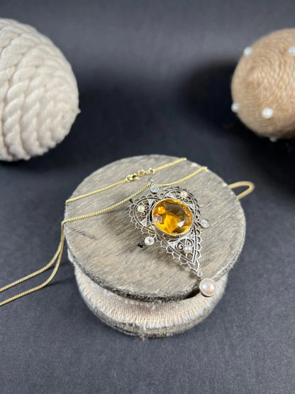 Edwardian 18 Carat Gold, Platinum, Citrine, Pearl and Diamond Pendant Necklace