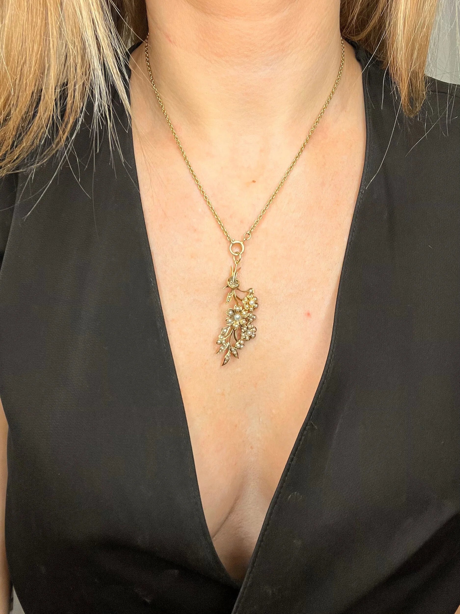 Edwardian 15 Carat Gold Pearl Flower Bouquet Pendant, Circa 1910