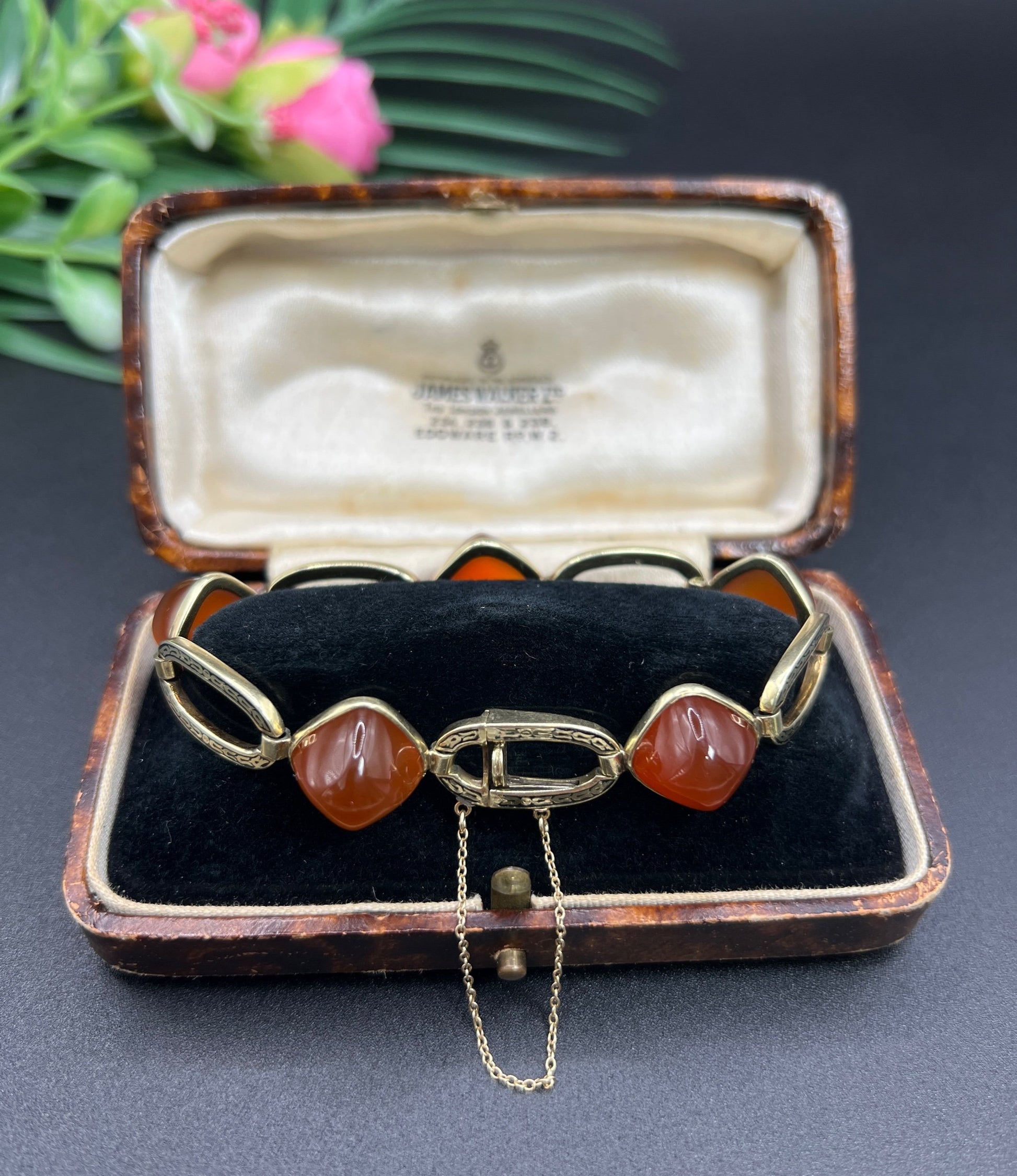 Antique 14 Carat Yellow Gold Carnelian and Black Enamel Bracelet, Circa 1920