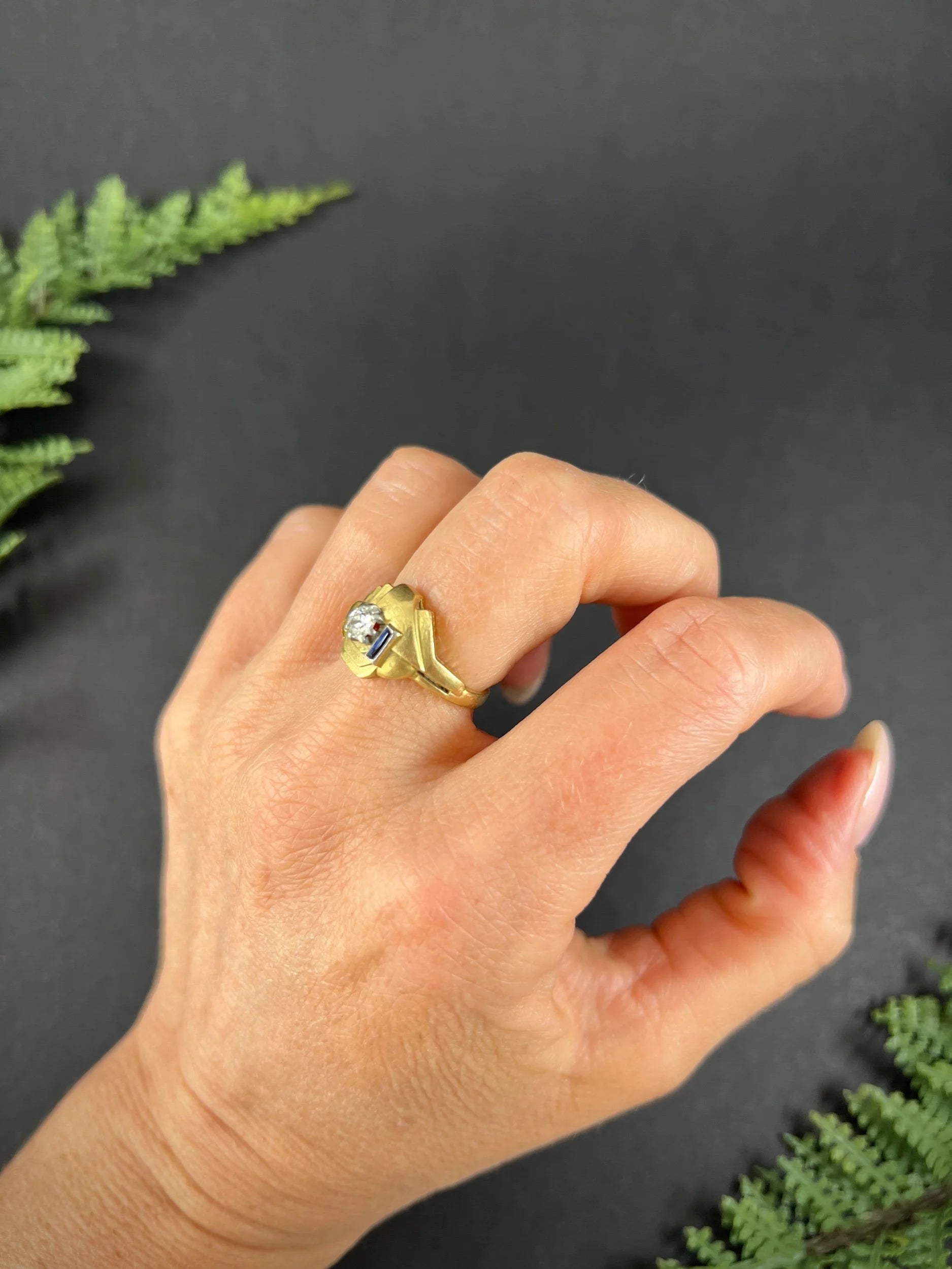 Art Deco 18 Carat Yellow Gold Sapphire and Diamond Geometric Ring, Circa 1920