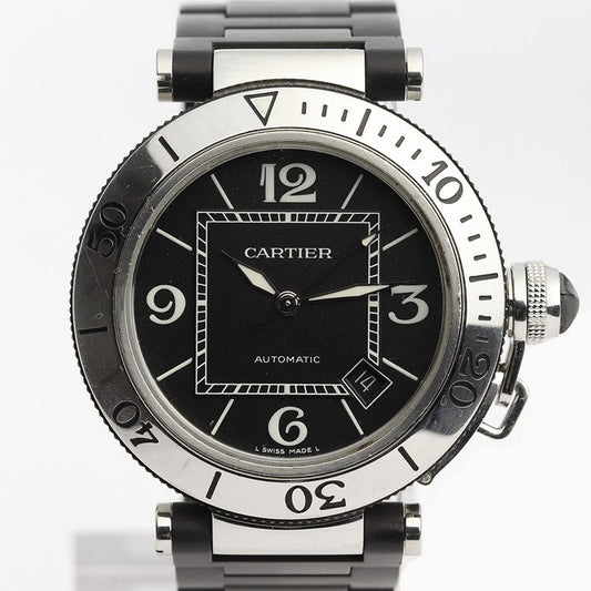 Cartier Pasha Seatimer 2790 Stainless Steel 40mm Automatic Watch, black dial with Arabic numerals, date indicator, rotating bezel and sapphire crystal, on a stainless steel Cartier bracelet with black rubber coating
