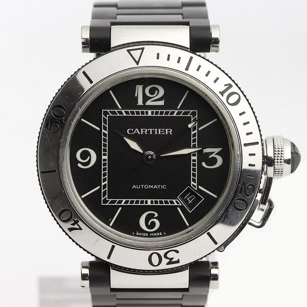Cartier Pasha Seatimer 2790 Stainless Steel 40mm Automatic Watch, black dial with Arabic numerals, date indicator, rotating bezel and sapphire crystal, on a stainless steel Cartier bracelet with black rubber coating