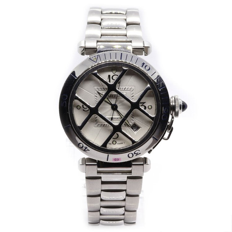 Cartier Pasha Stainless Steel with Grill Automatic Watch, Ref 2379, 38mm case with silvered guilloche dial, Arabic numerals, date indicator, rotating bezel, blue cabochon gem set crown cap and sapphire crystal glass, display back, on stainless steel bracelet with hidden double fold-over clasp, Circa 2005